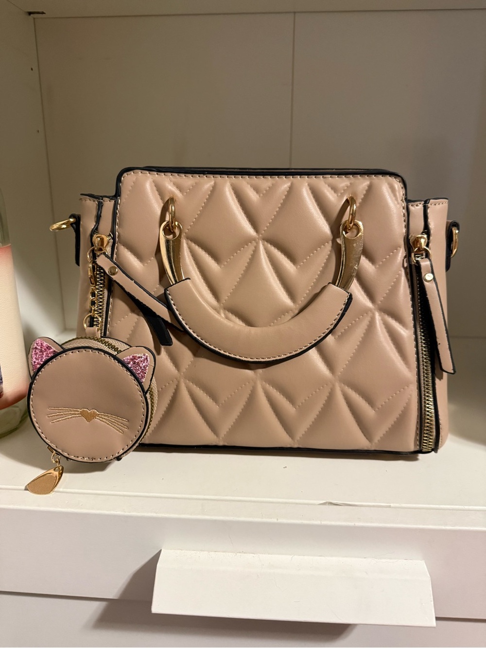 Quilted Blush Satchel with Cat Coin Pouch
